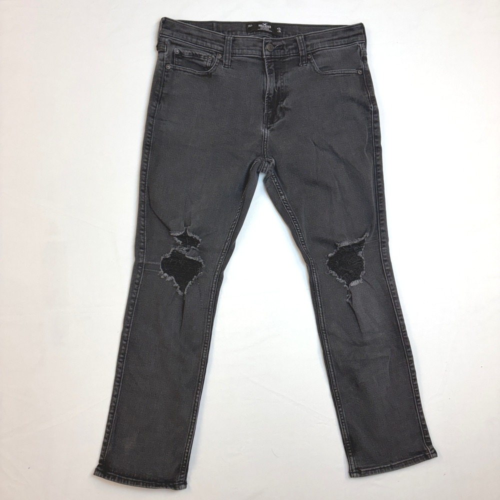 Hollister Slim Straight Advanced Stretch Black Ripped Distressed Jeans 34x30